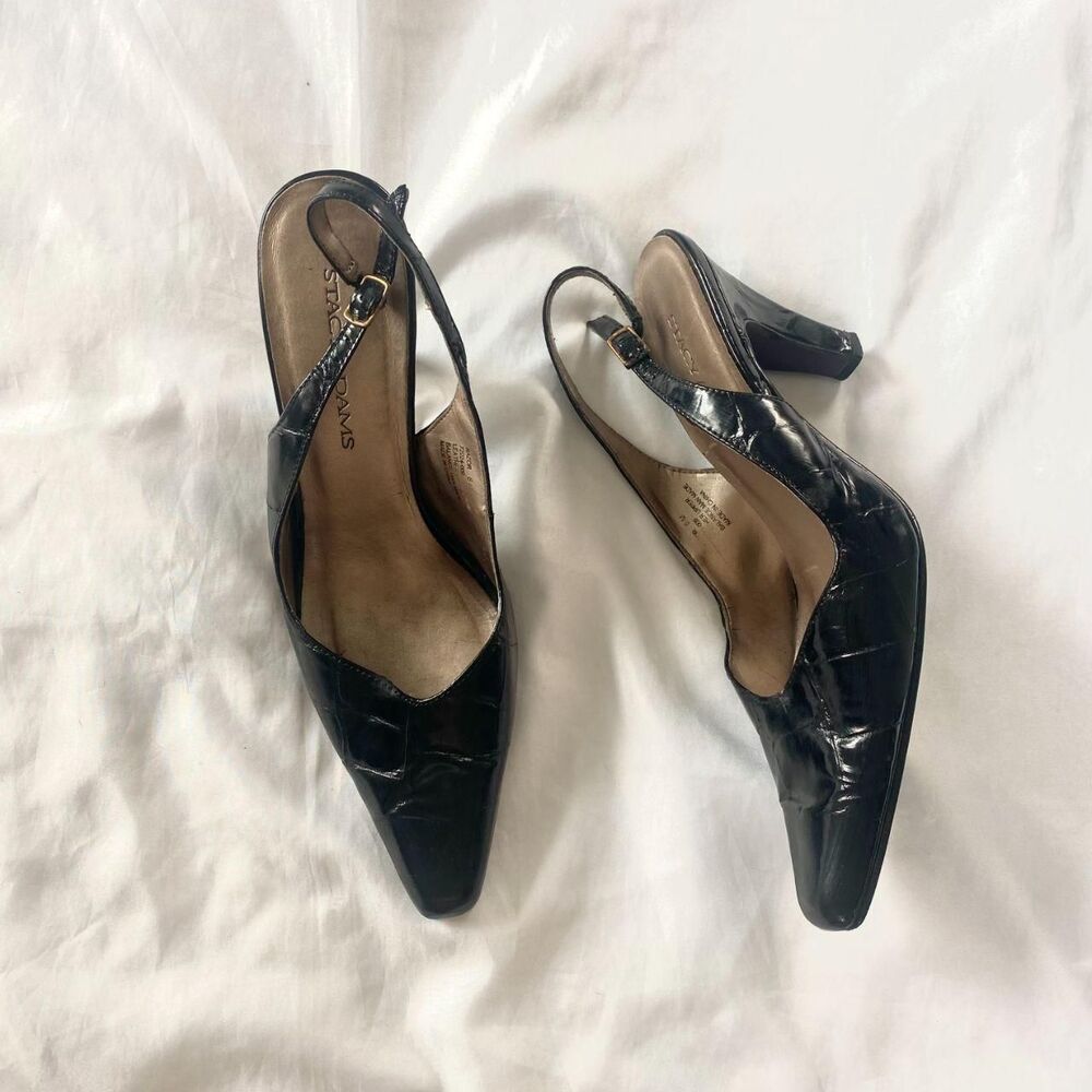 Stacy Adams Vintage 90s Black Leather Croc Slingback Kitten Heels US 8